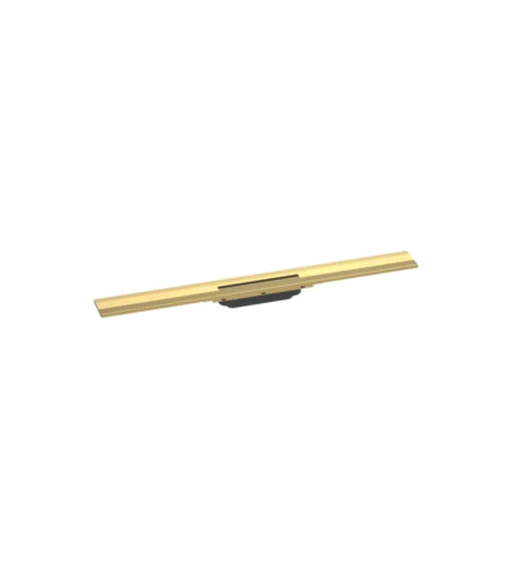 Hansgrohe Duschrinne in polierter Goldoptik, an der Wand montierbar, mit zwei langen Seitenprofilen und einem Mittelteil für flexibles Design.